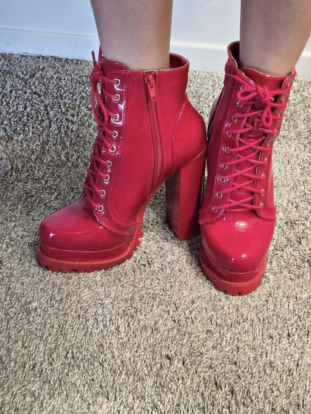 Shoe Republic LA Red Lace-Up Platform Heeled Boots